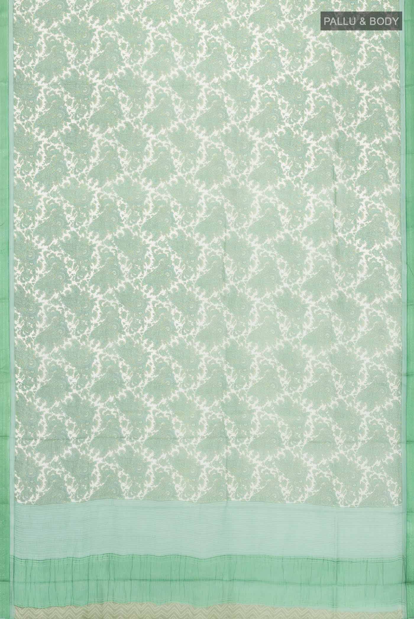 Flat view of Green Mysore Chiffon Saree with Printed design on the body and Embroidery Border