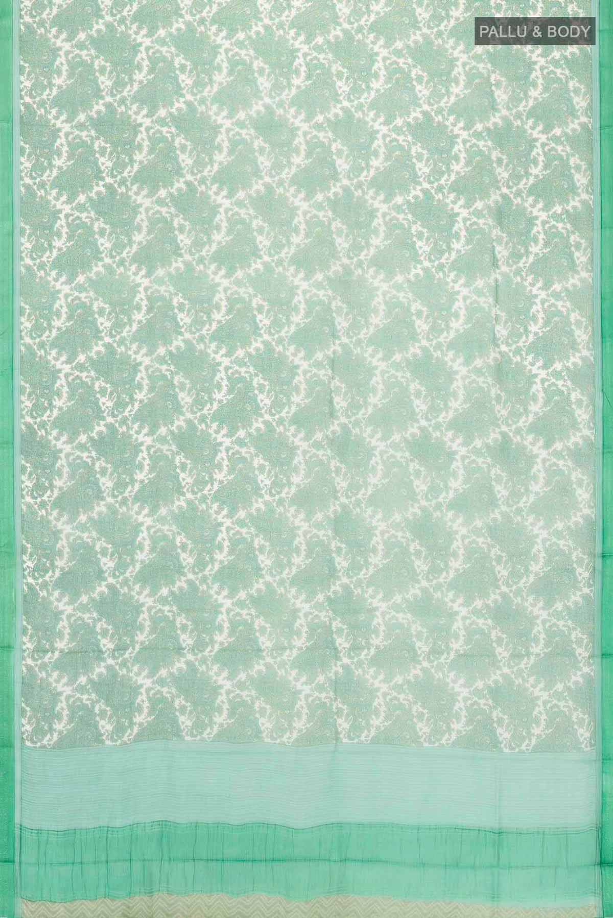 Flat view of Green Mysore Chiffon Saree with Printed design on the body and Embroidery Border