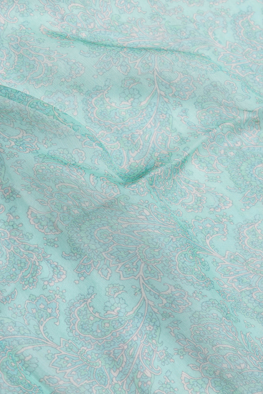 Close up of Sea Green Dual Tone Mysore Chiffon Saree with Printed design on the body and Thread Border.  displaying folds