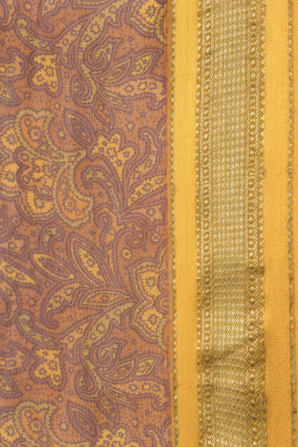 Border image of Mustard Dual Tone Mysore Georgette Saree with Printed design on the body and Zari Border. 