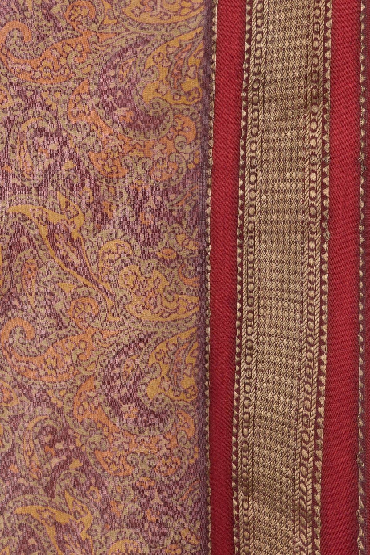 Border image of Maroon Dual Tone Mysore Chiffon Saree with Printed design on the body and Zari Border. 