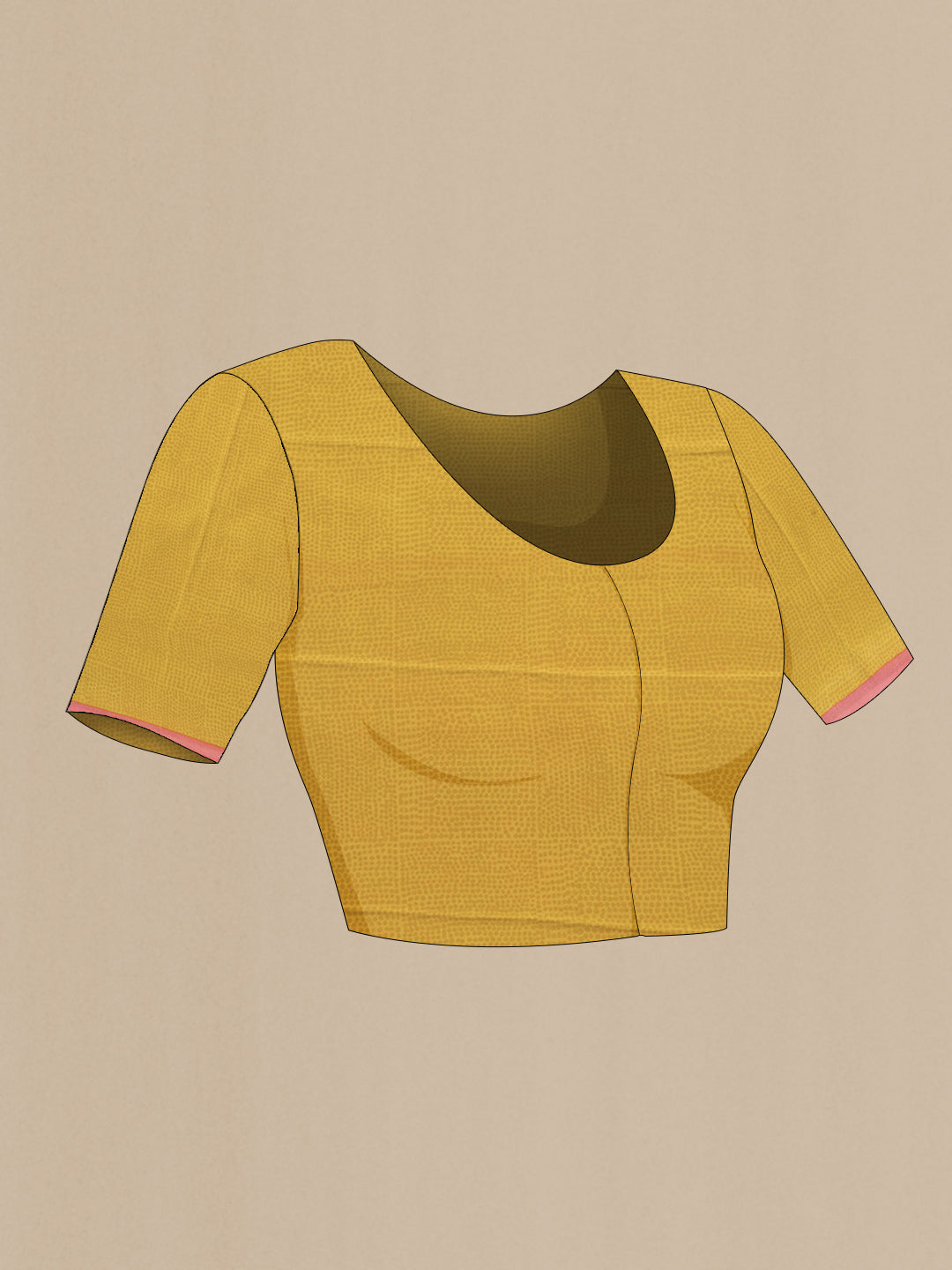 Close up image of the blouse of Mustard Dual Tone Mysore Chiffon Saree with Printed design on the body and Zari Border. 