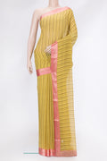 Mustard Dual Tone Mysore Chiffon Saree with Printed design on the body and Zari Border.  displayed on a mannequin
