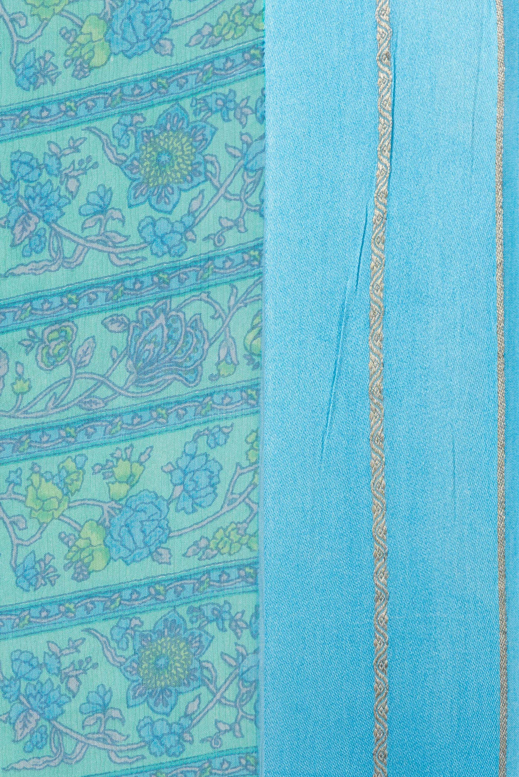 Border image of Sea Green Dual Tone Mysore Chiffon Saree with Printed design on the body and Zari Border. 