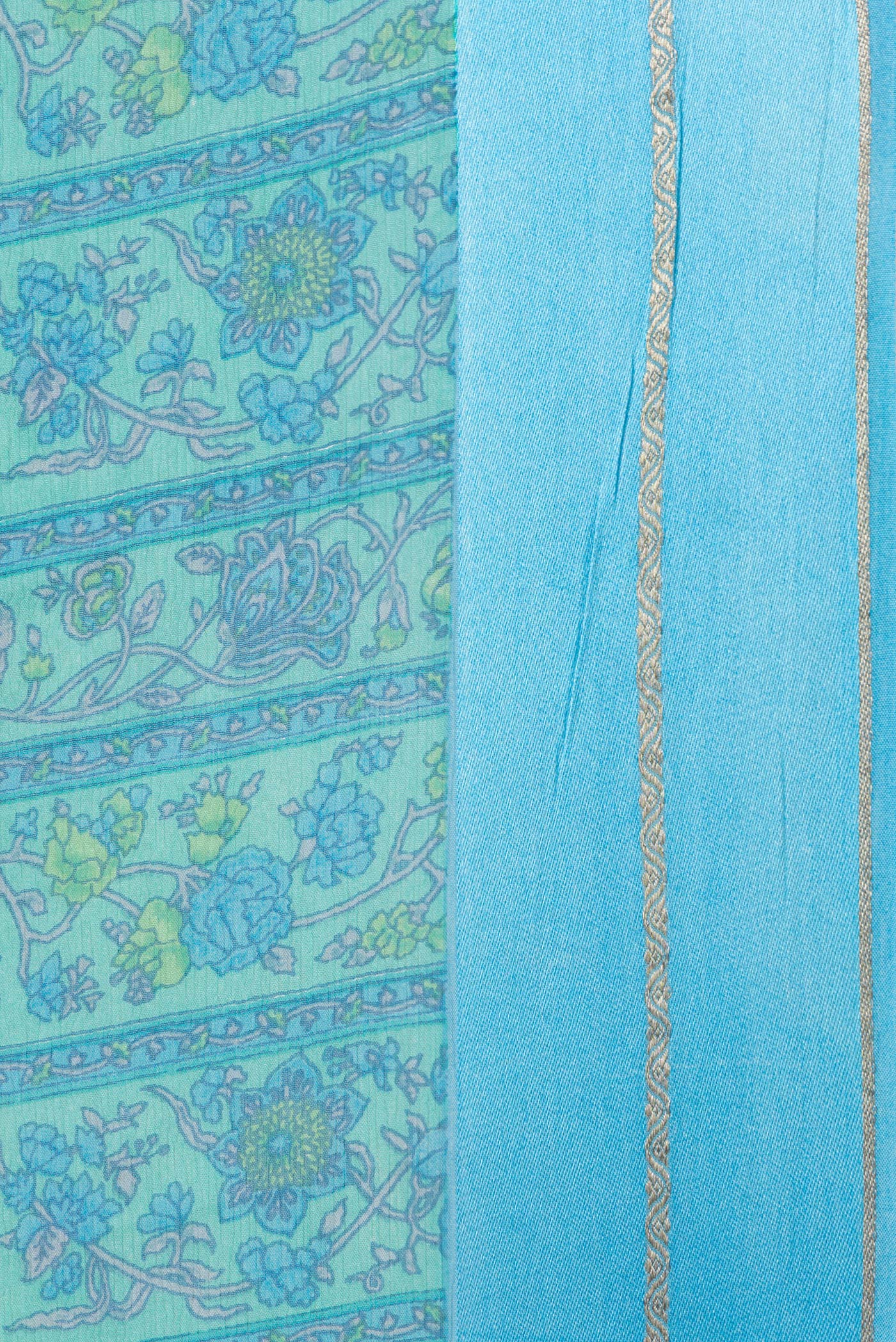 Border image of Sea Green Dual Tone Mysore Chiffon Saree with Printed design on the body and Zari Border. 