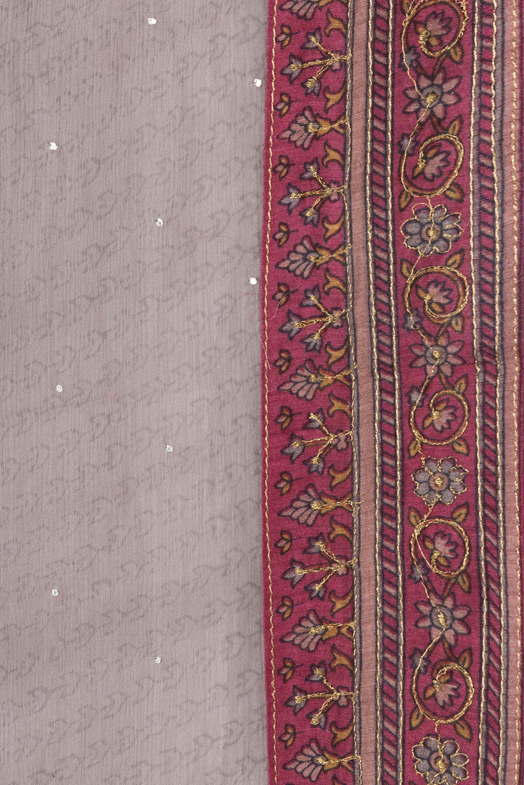 Border image of Grey Dual Tone Mysore Chiffon Saree with Printed design on the body and Embroidery Border. 