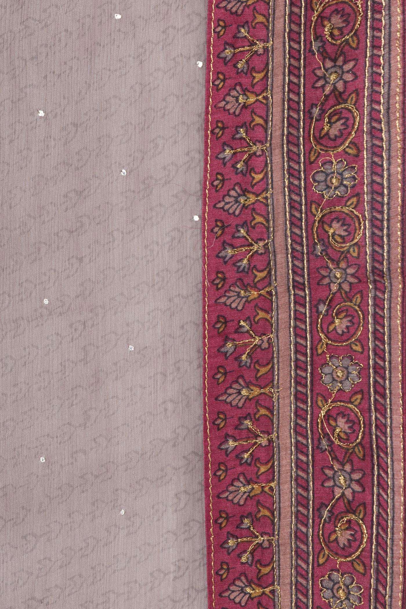 Border image of Grey Dual Tone Mysore Chiffon Saree with Printed design on the body and Embroidery Border. 