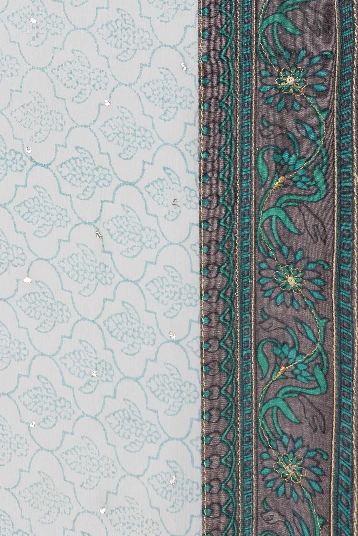 Border image of Grey Dual Tone Mysore Crepe Saree with Printed design on the body and Zari Border