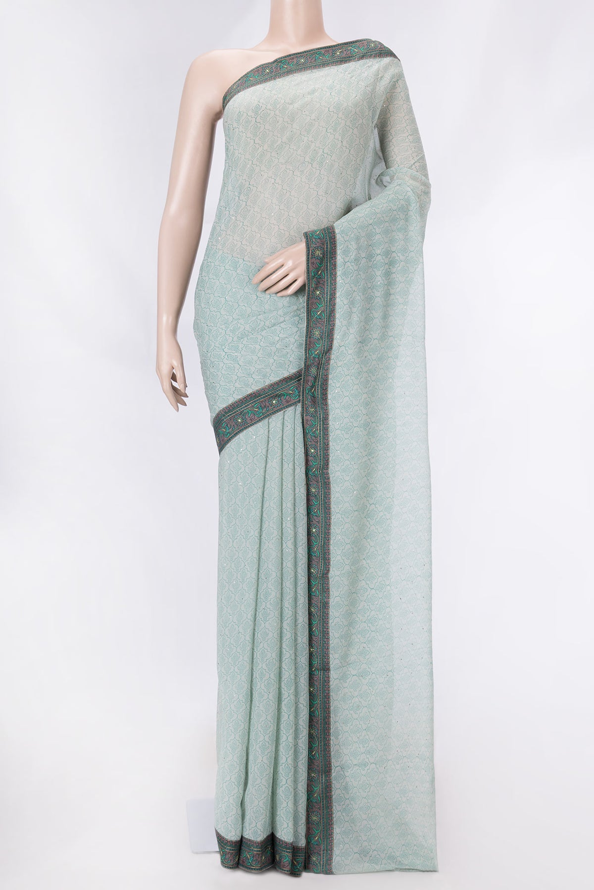 Grey Dual Tone Mysore Crepe Saree with Printed design on the body and Zari Border displayed on a mannequin