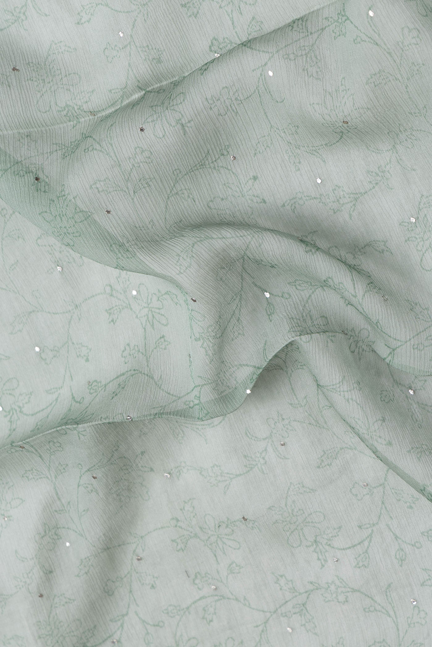 Close up of Light Green Dual Tone Mysore Chiffon Saree with Embroidery on the body and Embroidery Border.  displaying folds