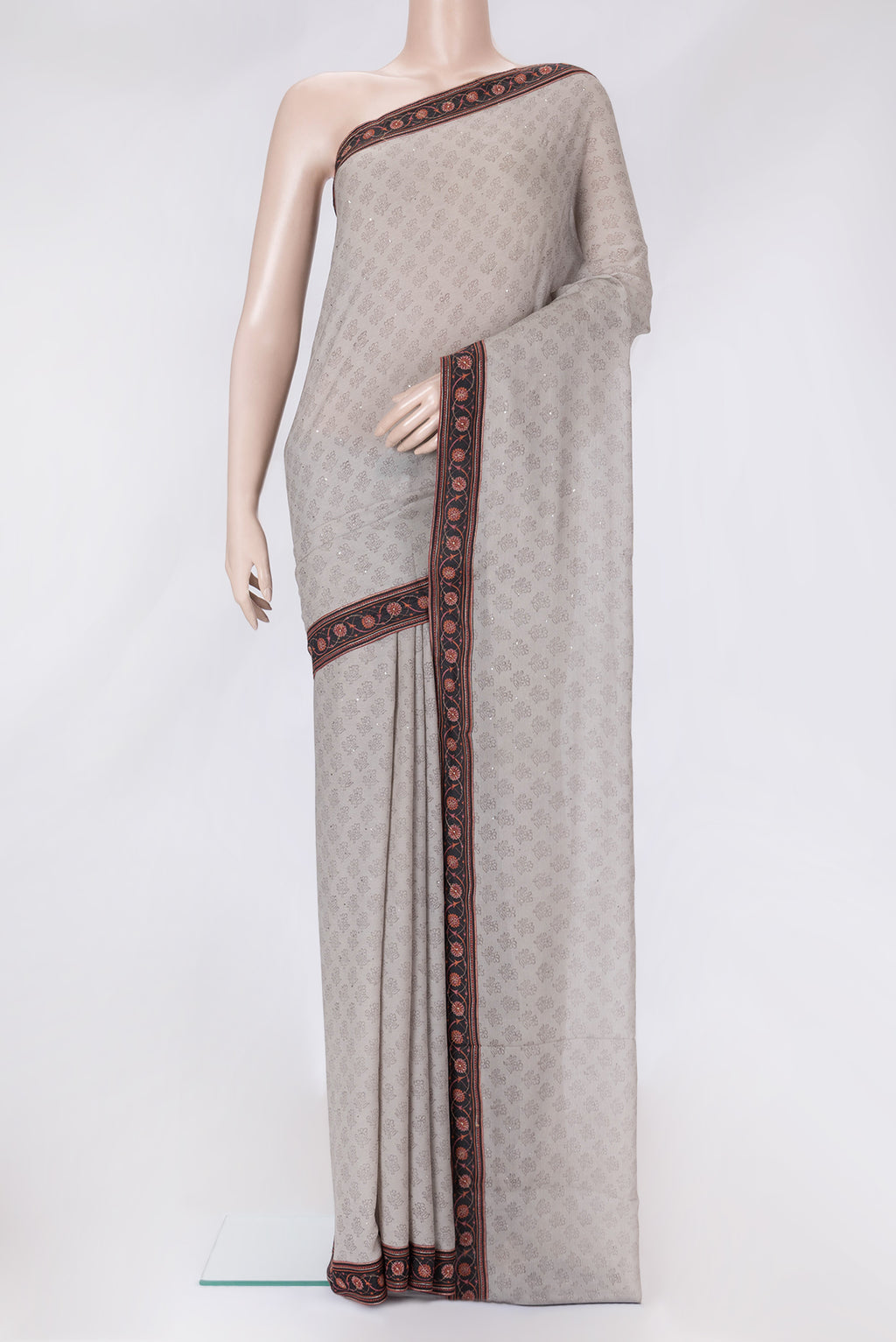 Grey Dual Tone Mysore Chiffon Saree with Embroidery on the body and Embroidery Border.  displayed on a mannequin