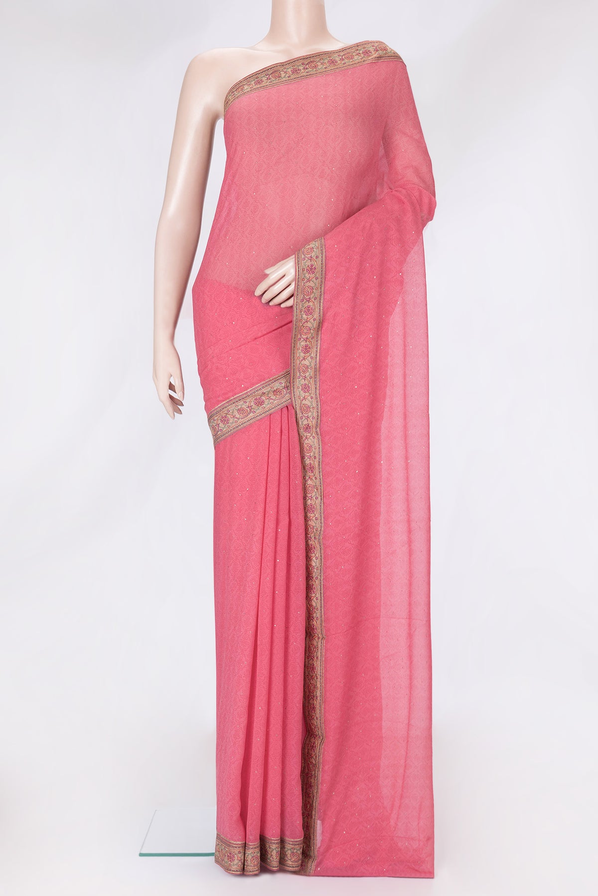 Pink Dual Tone Mysore Chiffon Saree with Embroidery on the body and Embroidery Border.  displayed on a mannequin