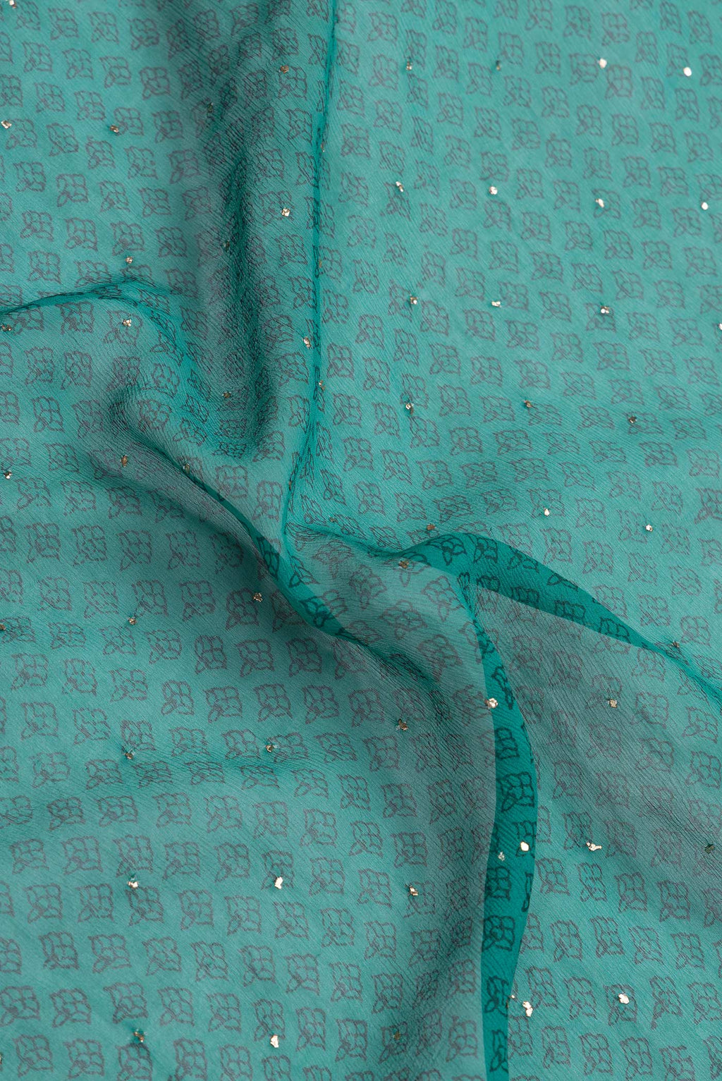 Close up of Green Dual Tone Mysore Chiffon Saree with Embroidery on the body and Embroidery Border.  displaying folds