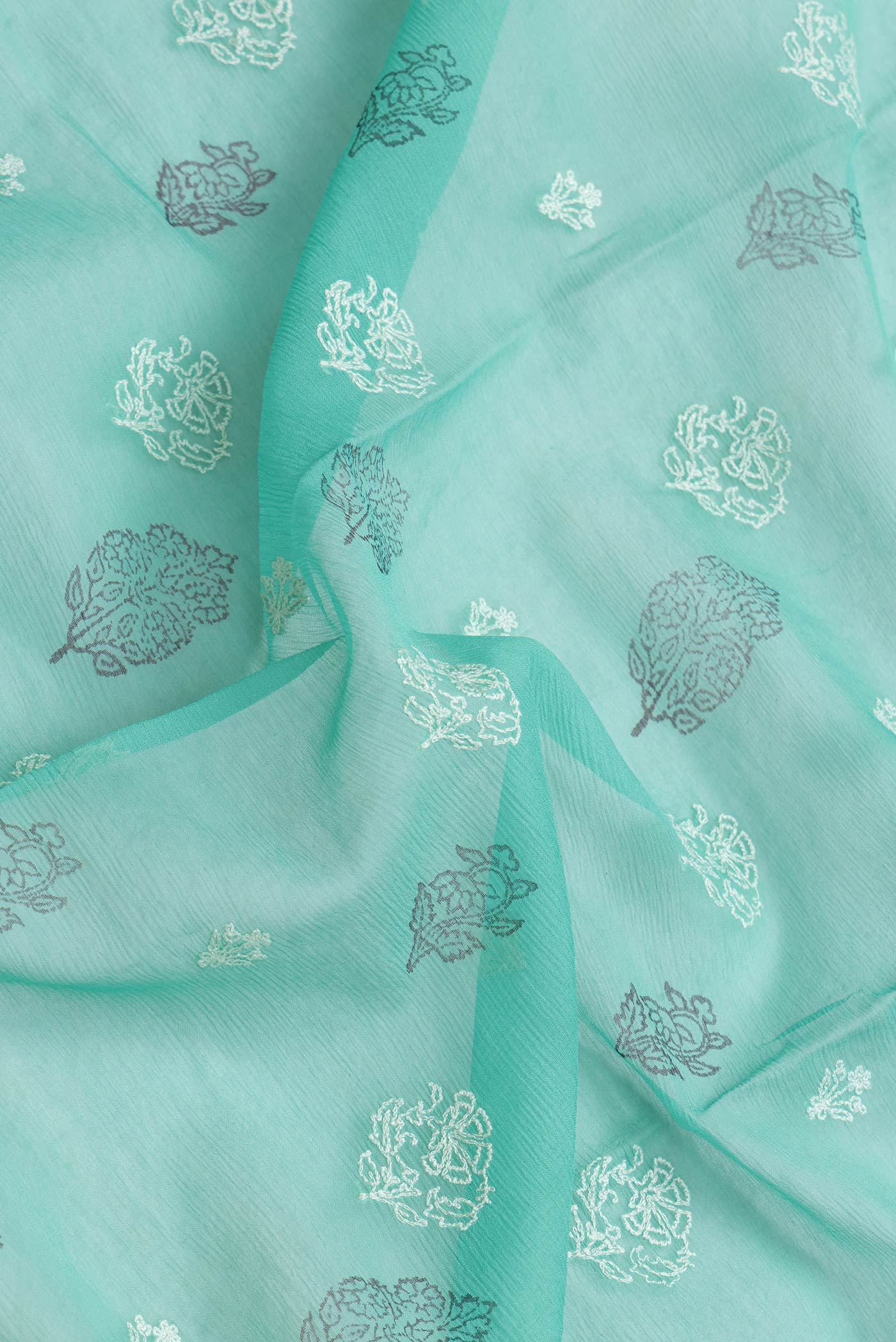 Close up of Sea Green Dual Tone Mysore Chiffon Saree with Embroidery on the body and Embroidery Border.  displaying folds