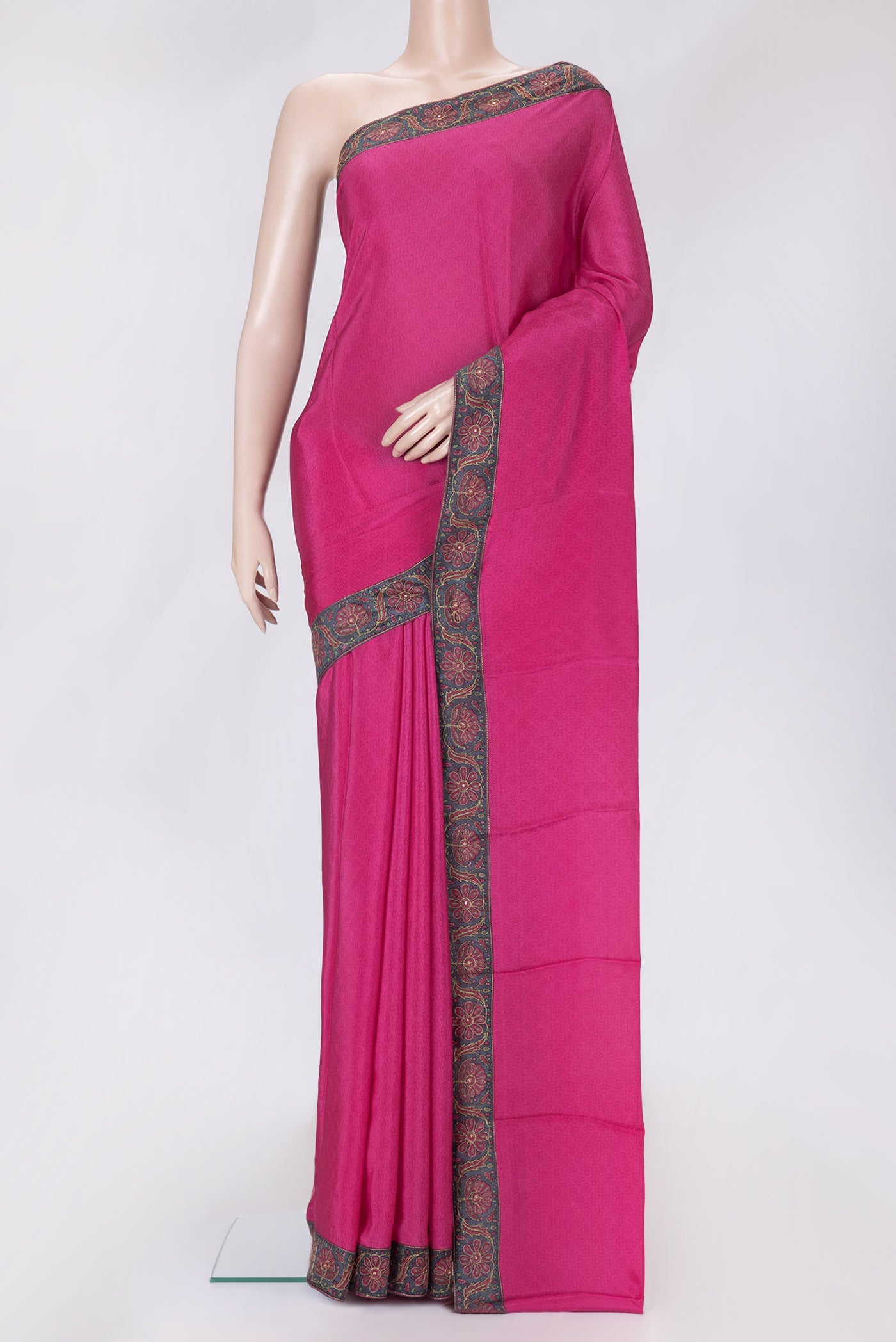 Pink Dual Tone Mysore Chiffon Saree with Printed design on the body and Embroidery Border.  displayed on a mannequin