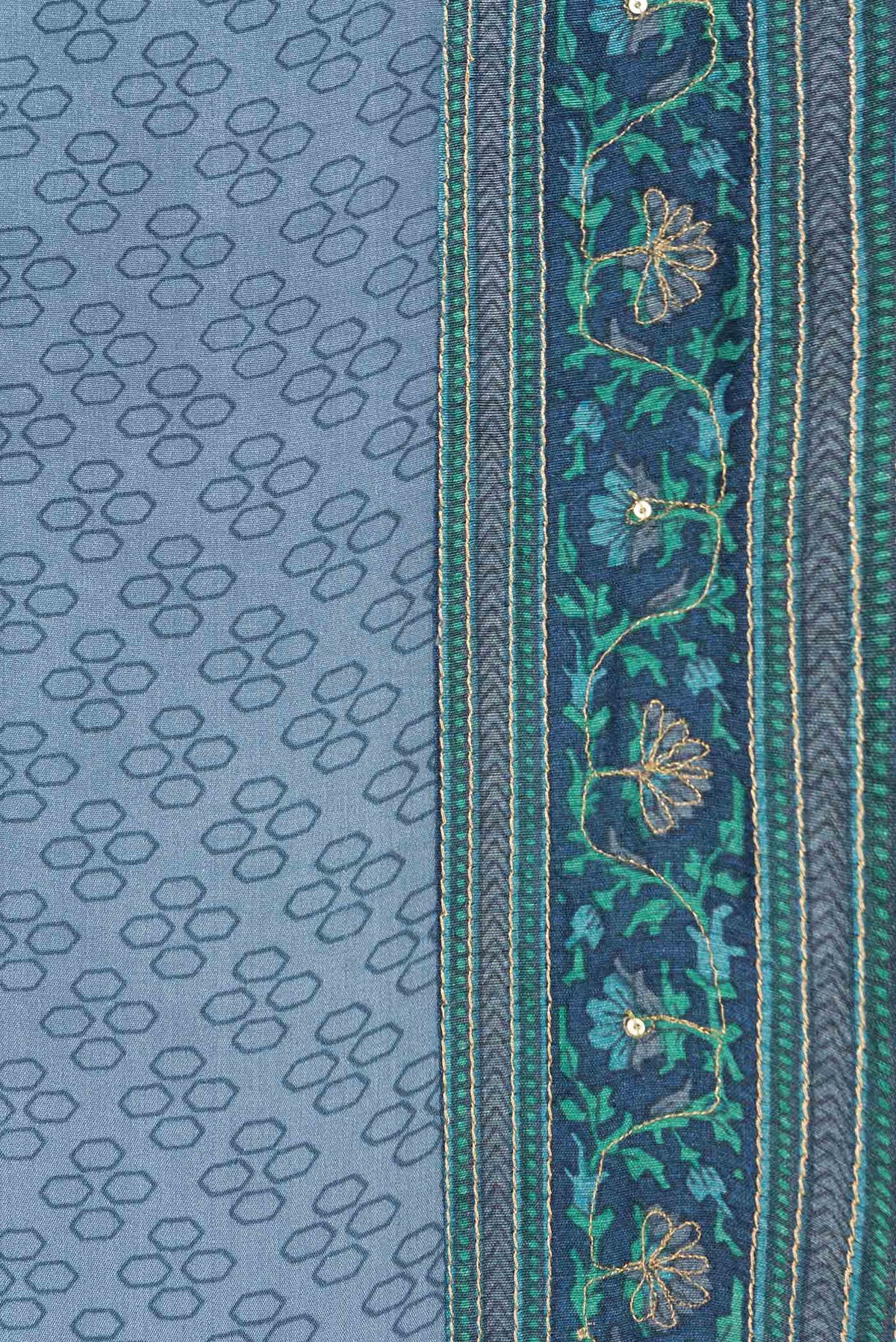Border image of Grey Dual Tone Mysore Crepe Saree with Printed design on the body and Embroidery Border