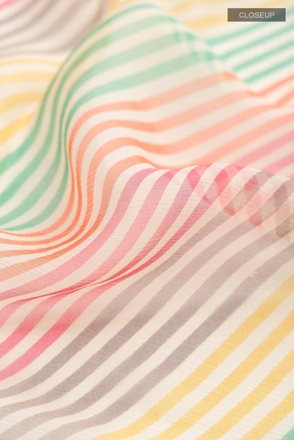 Close up of Multi Color Mysore Chiffon Saree with Printed design on the body and Embroidery Border displaying folds