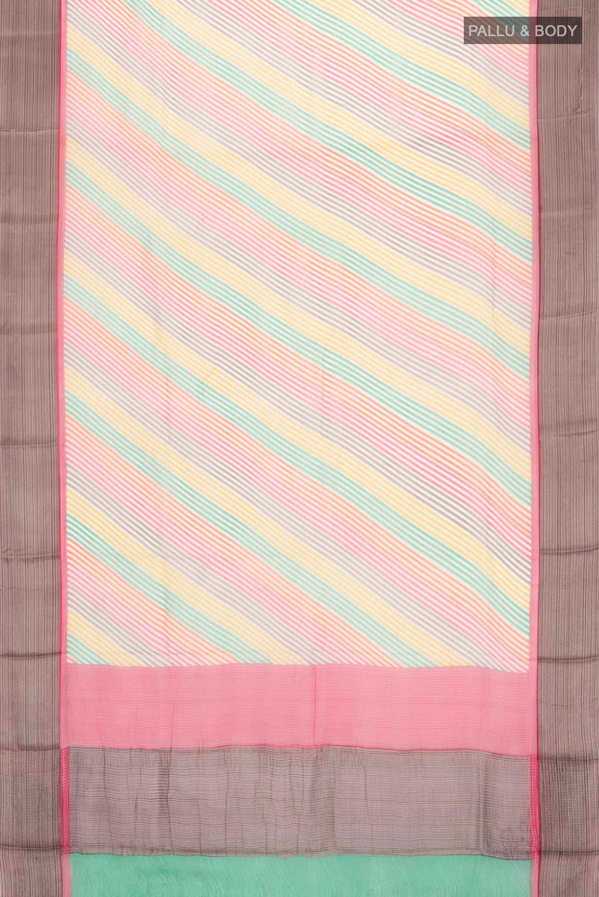 Flat view of Multi Color Mysore Chiffon Saree with Printed design on the body and Embroidery Border