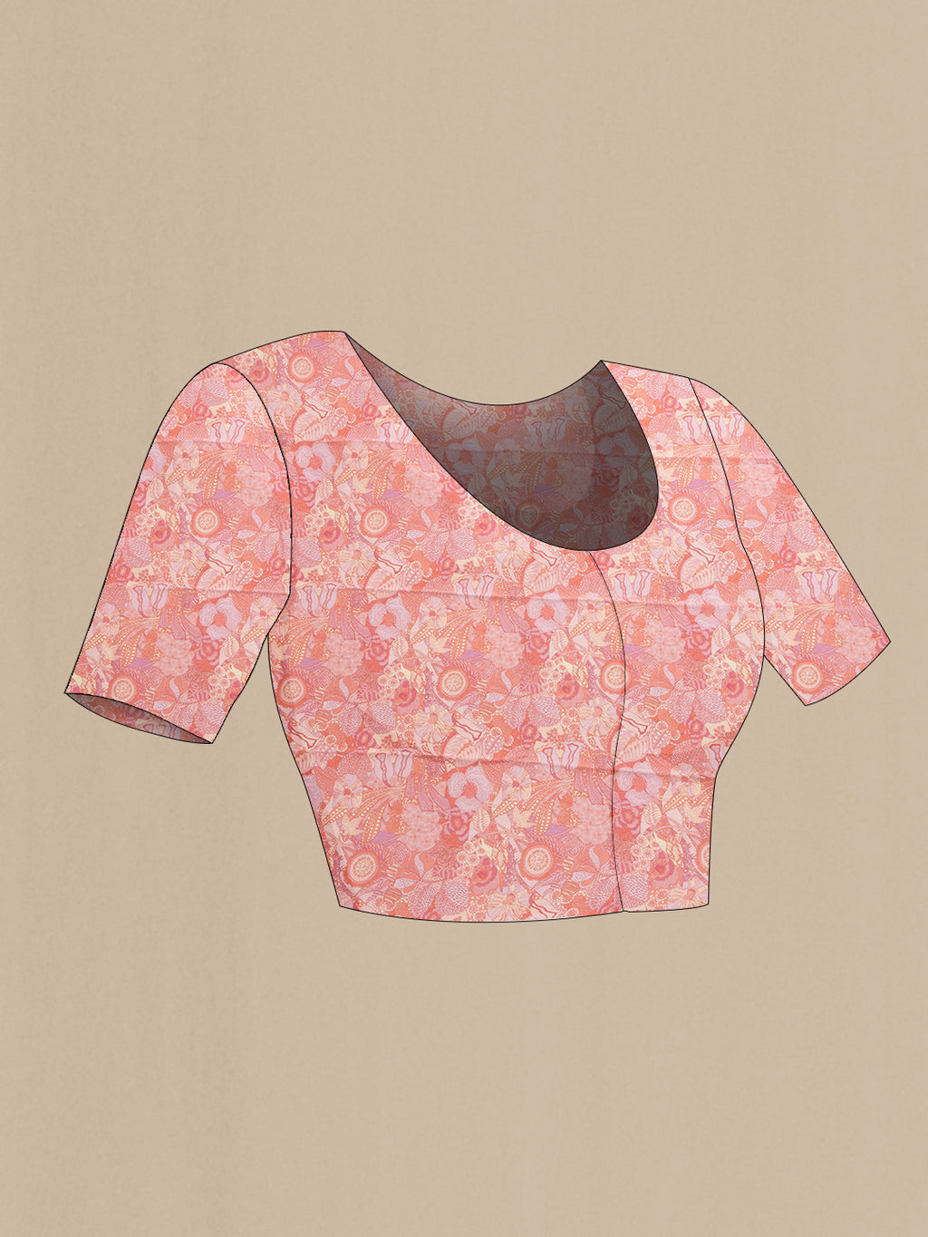 Close up image of the blouse of Pink Dual Tone Mysore Chiffon Saree with Plain Body and Printed Border. 