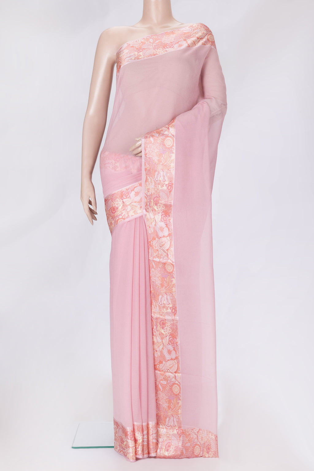 Pink Dual Tone Mysore Chiffon Saree with Plain Body and Printed Border.  displayed on a mannequin
