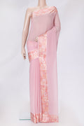 Pink Dual Tone Mysore Chiffon Saree with Plain Body and Printed Border.  displayed on a mannequin