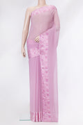 Lilac Mysore Chiffon Saree with Plain Body and Thread Border.  displayed on a mannequin