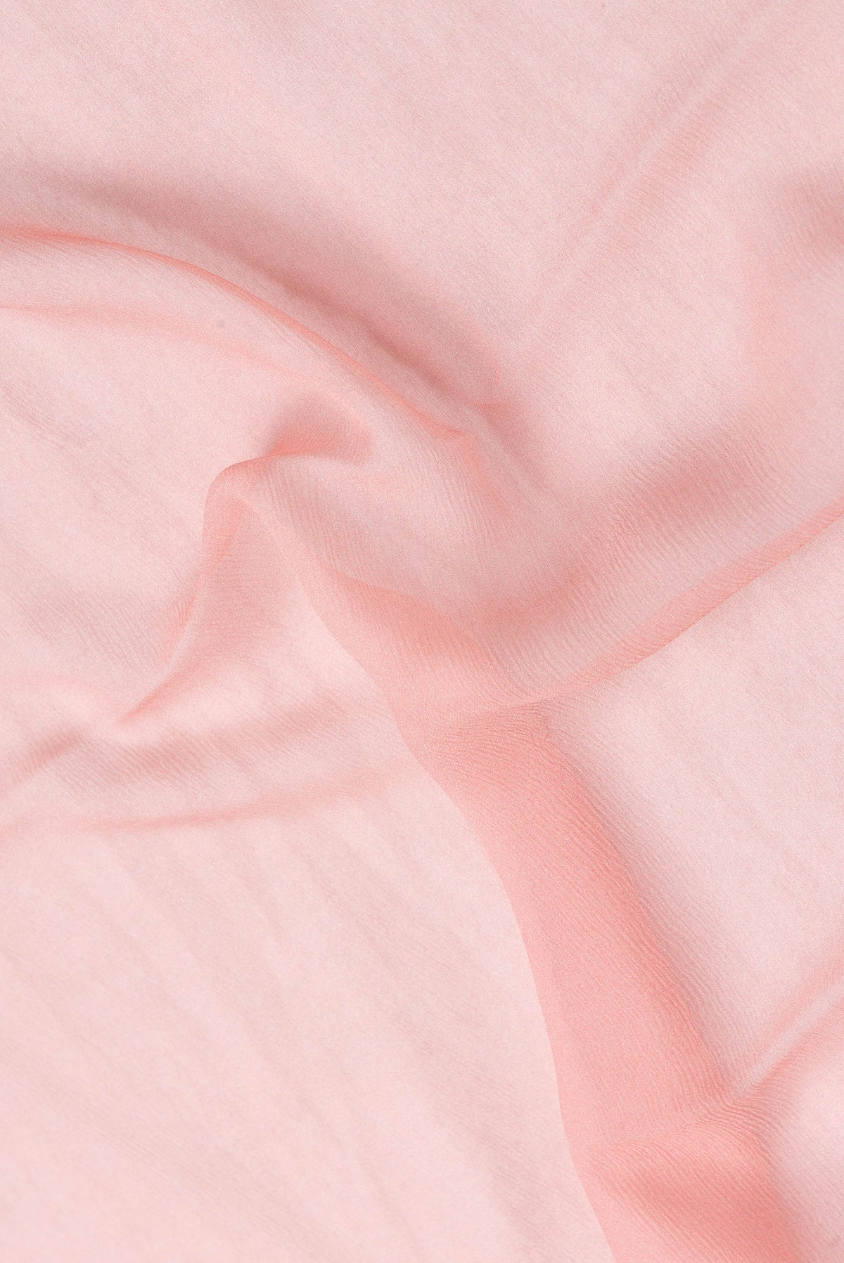 Close up of Pink Dual Tone Mysore Chiffon Saree with Plain Body and Printed Border.  displaying folds