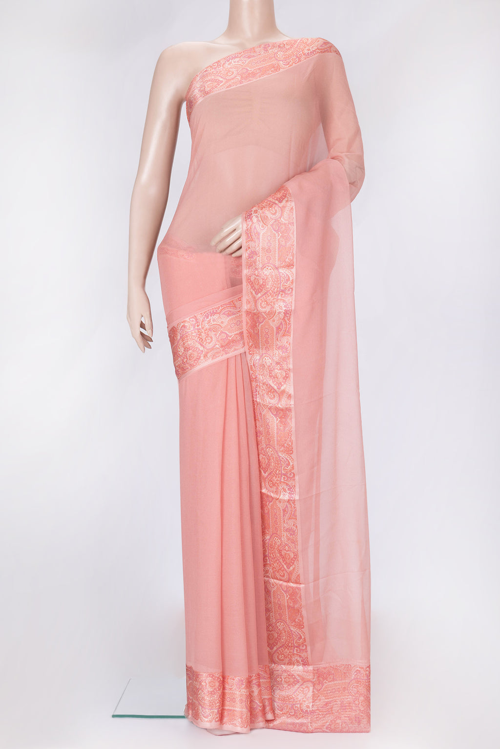 Pink Dual Tone Mysore Chiffon Saree with Plain Body and Printed Border.  displayed on a mannequin