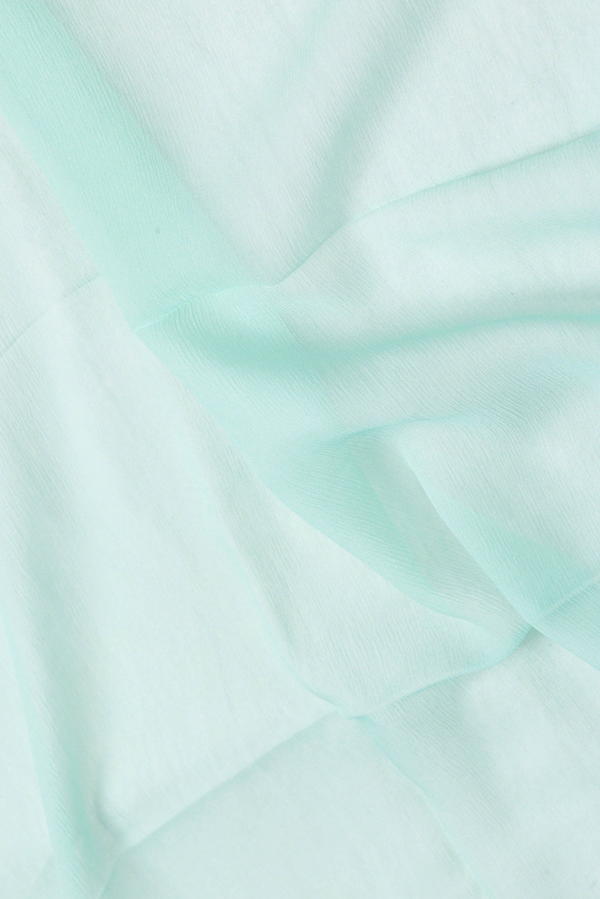 Close up of Sea Green Dual Tone Mysore Chiffon Saree with Plain Body and Thread Border.  displaying folds