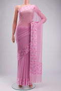 Rose pink Mysore Chiffon Saree with Plain Body and Embroidery Border displayed on a mannequin
