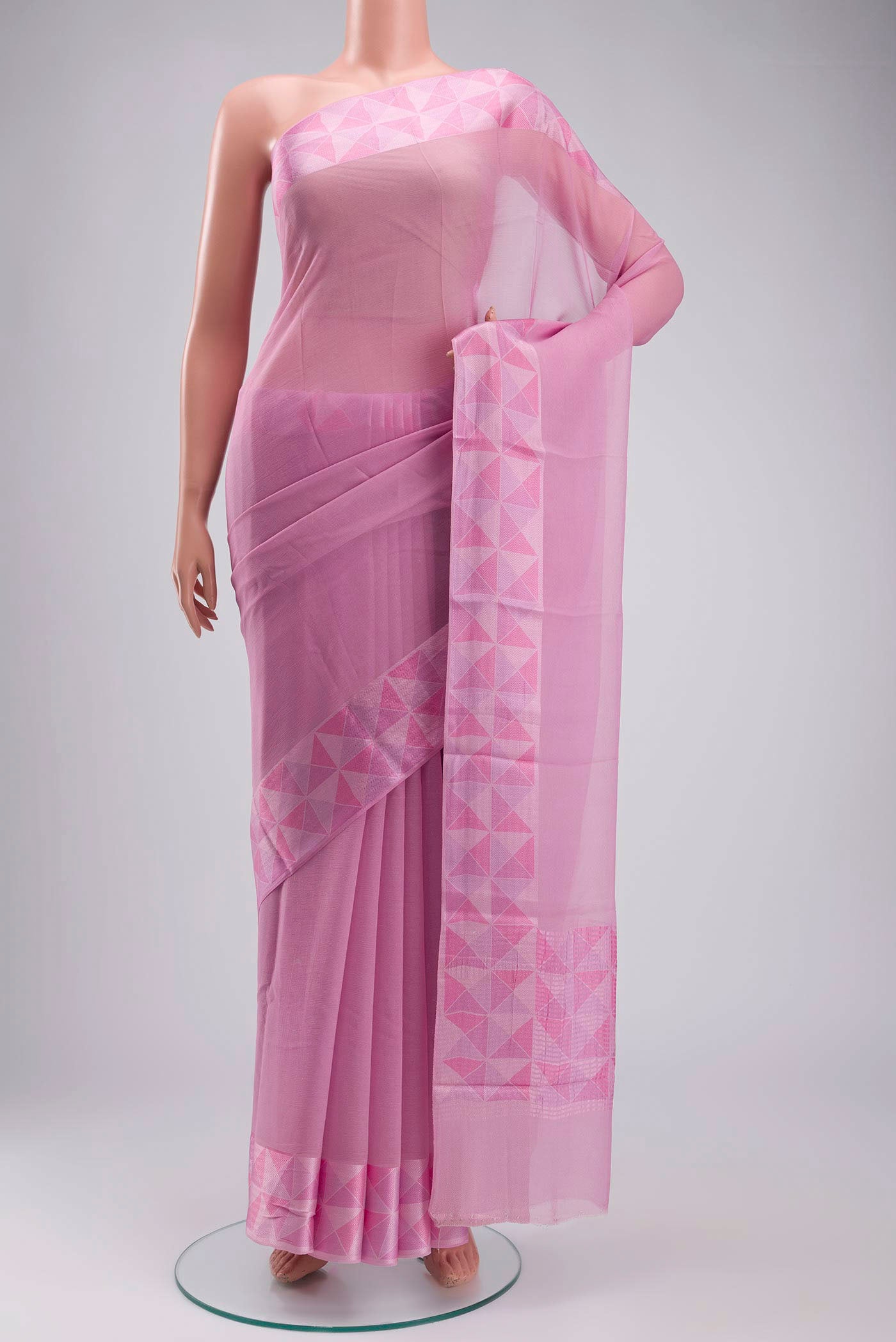 Rose pink Mysore Chiffon Saree with Plain Body and Embroidery Border displayed on a mannequin