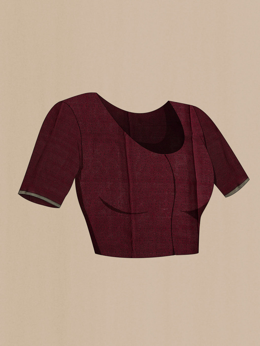 Close up image of the blouse of Maroon Mysore Chiffon Saree with Printed design on the body and Plain Border