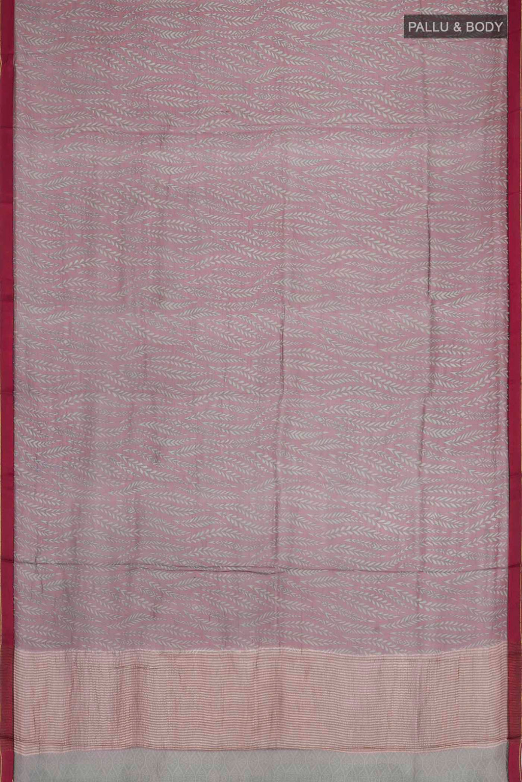 Flat view of Maroon Mysore Chiffon Saree with Printed design on the body and Plain Border