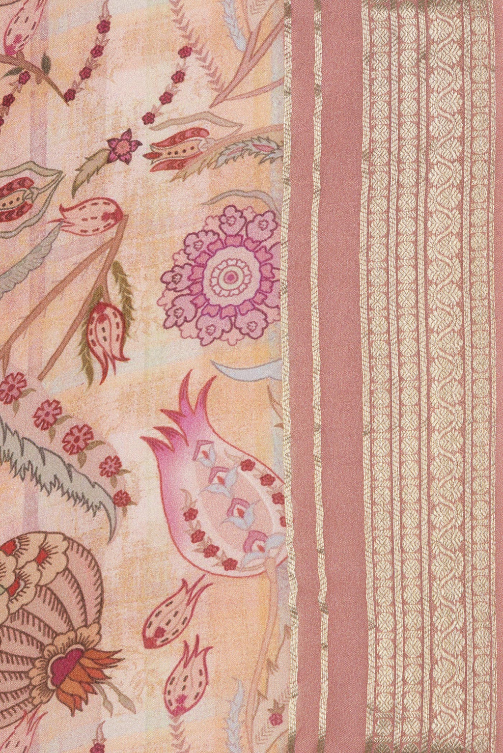Border image of Sandal Dual Tone Crepe Saree with Printed design on the body and Zari Border. 