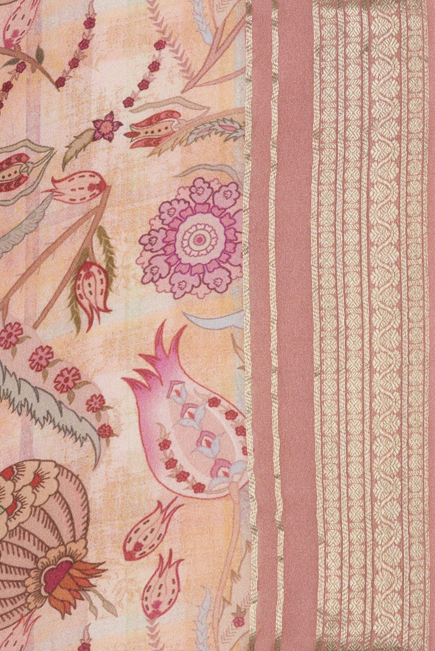 Border image of Sandal Dual Tone Crepe Saree with Printed design on the body and Zari Border. 