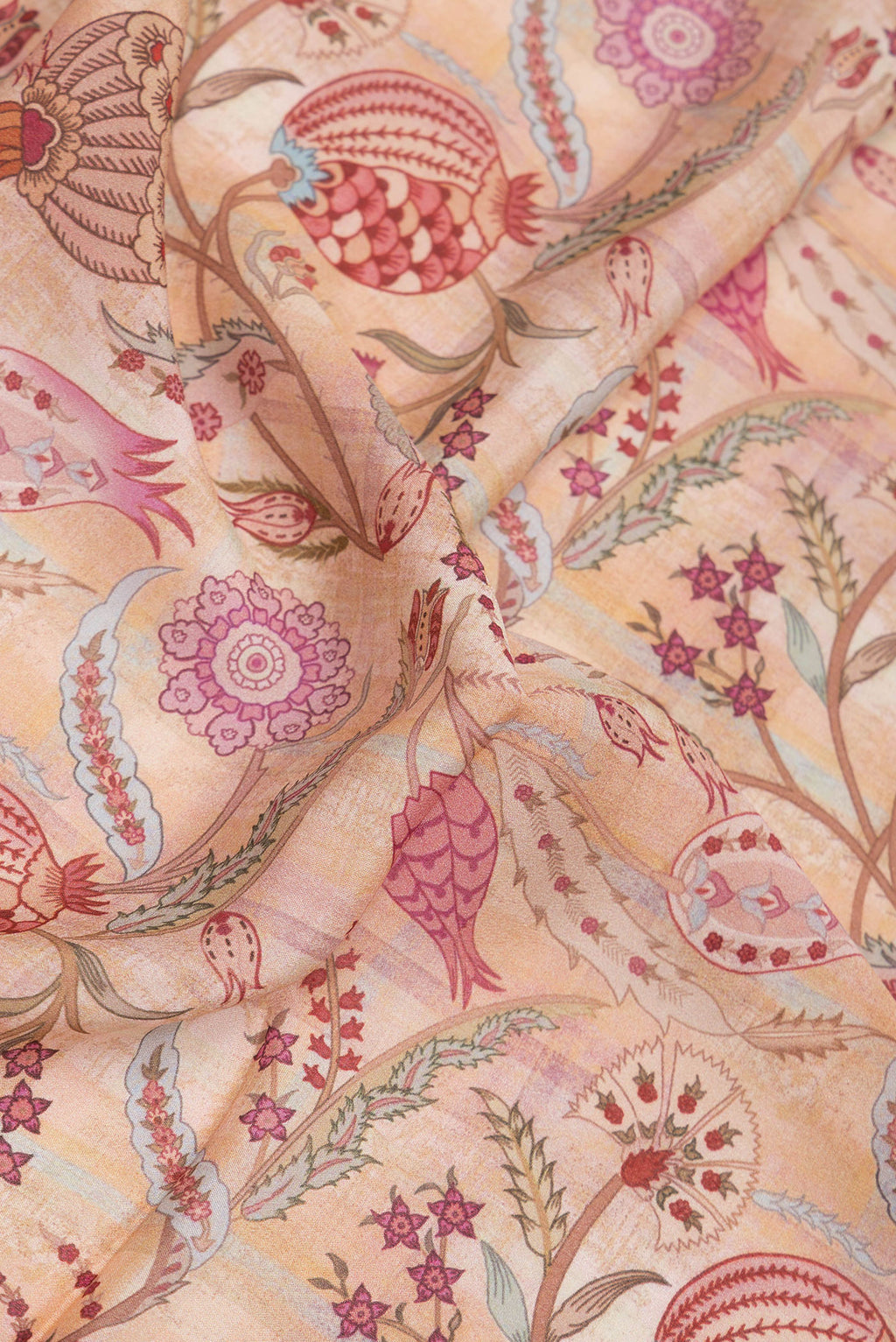 Close up of Sandal Dual Tone Crepe Saree with Printed design on the body and Zari Border.  displaying folds