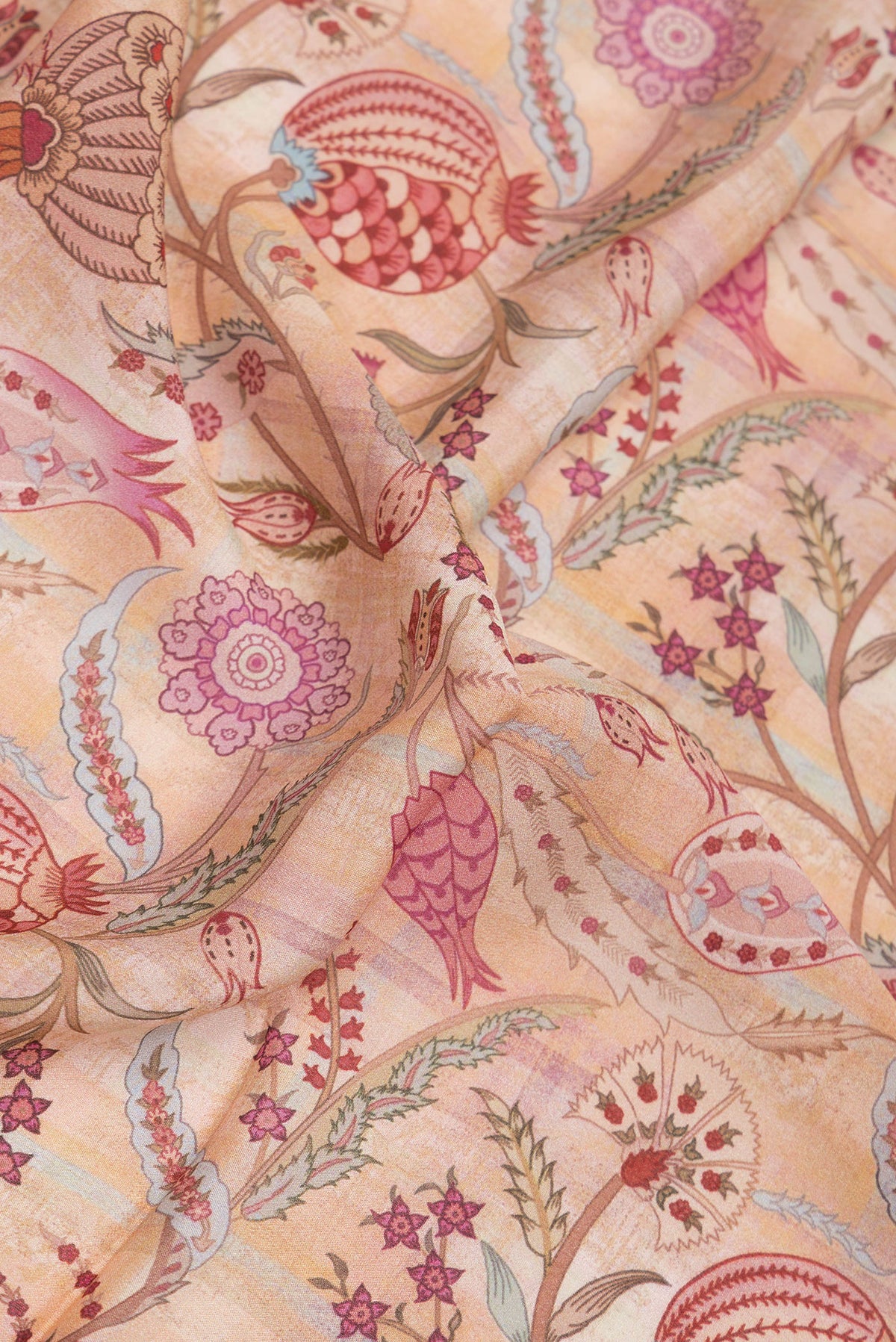 Close up of Sandal Dual Tone Crepe Saree with Printed design on the body and Zari Border.  displaying folds