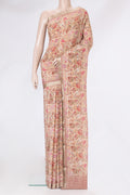 Sandal Dual Tone Crepe Saree with Printed design on the body and Zari Border.  displayed on a mannequin