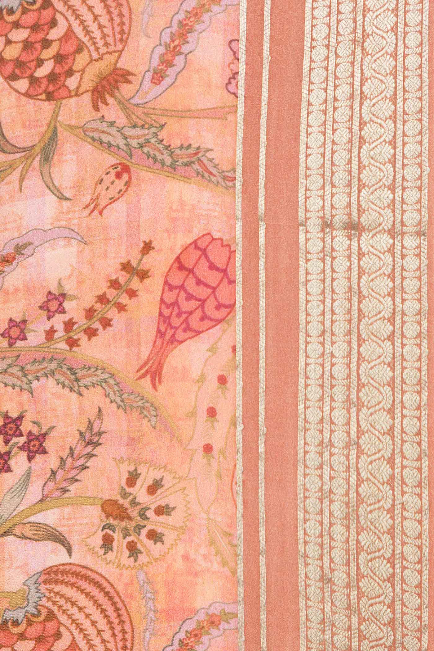 Border image of Golden Peach Dual Tone Mysore Crepe Saree with Printed design on the body and Zari Border. 