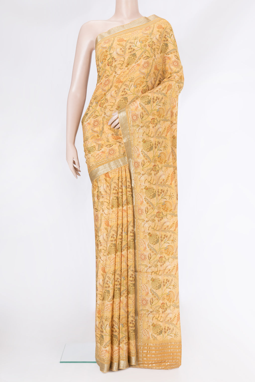 Sandal Dual Tone Mysore Crepe Saree with Printed design on the body and Zari Border.  displayed on a mannequin