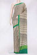 Beige Dual Tone Mysore Crepe Saree with Printed design on the body and Plain Border.  displayed on a mannequin
