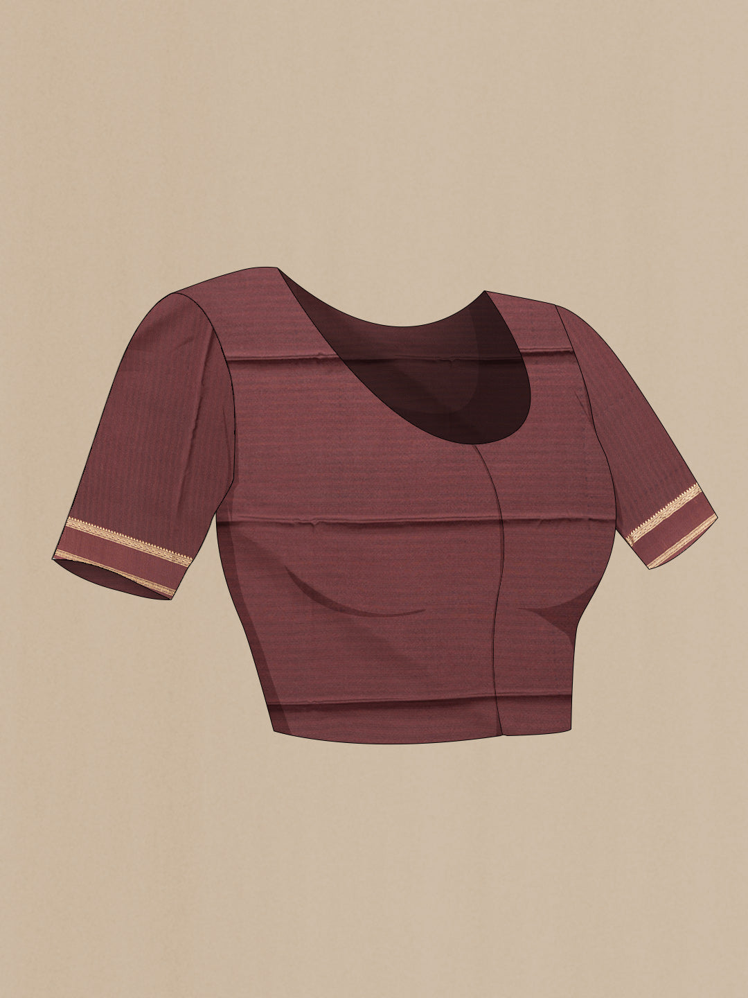 Close up image of the blouse of Maroon Dual Tone Mysore Crepe Saree with Printed design on the body and Zari Border. 