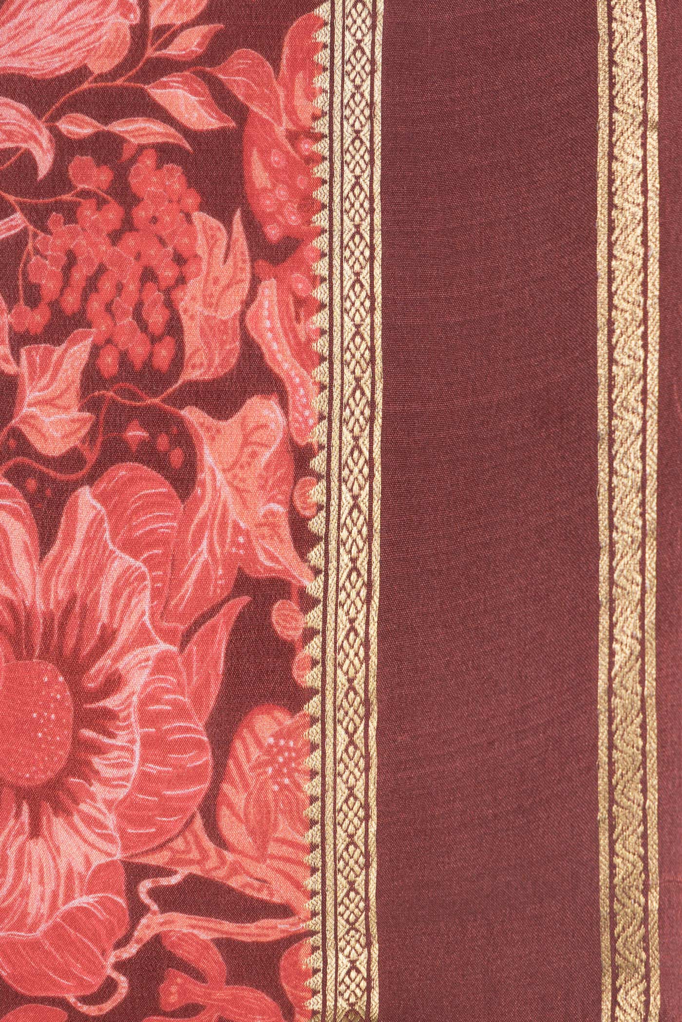 Border image of Maroon Dual Tone Mysore Crepe Saree with Printed design on the body and Zari Border. 