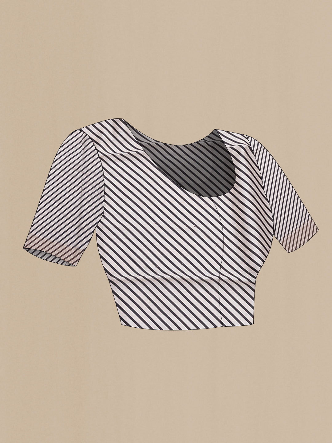 Close up image of the blouse of Cream Tussar Silk Saree with Stripes on the body and Embroidery Border. 