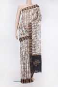Beige Dual Tone Tussar Silk Saree with Stripes on the body and Embroidery Border.  displayed on a mannequin