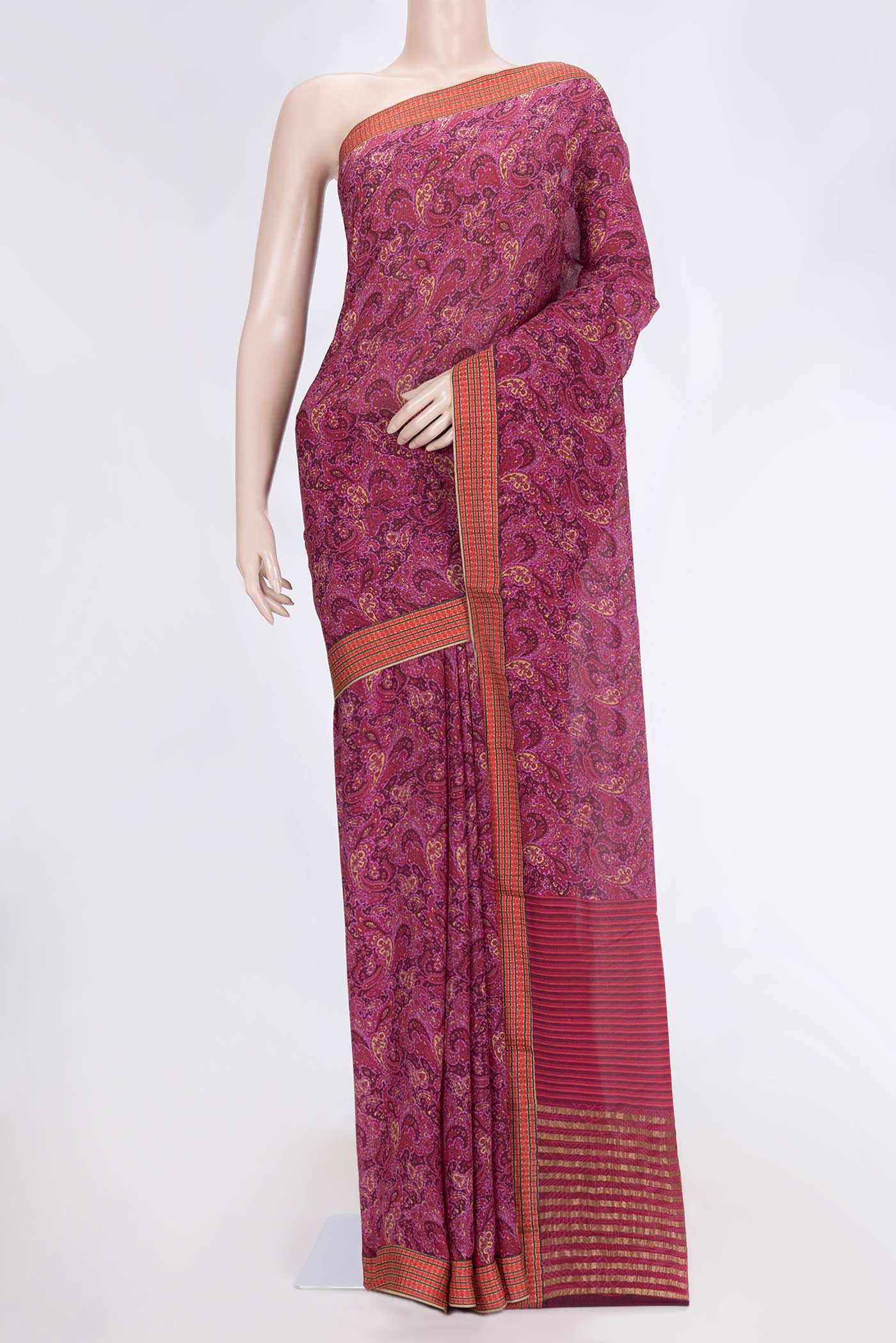 Burgundy Dual Tone Mysore Crepe Saree with Printed design on the body and Thread Border.  displayed on a mannequin