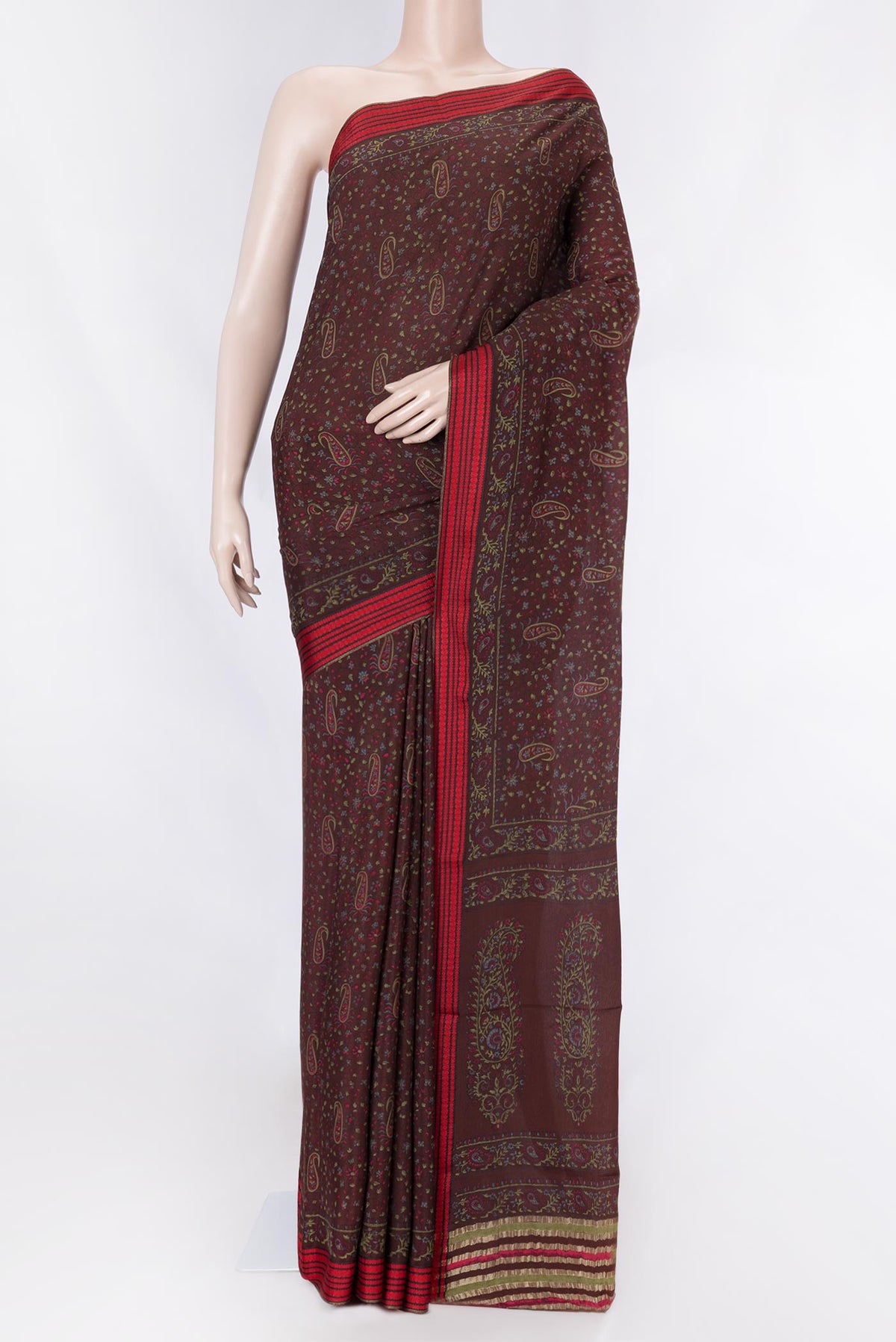 Coffee Brown Dual Tone Mysore Crepe Saree with Printed design on the body and Zari And Thread Border displayed on a mannequin