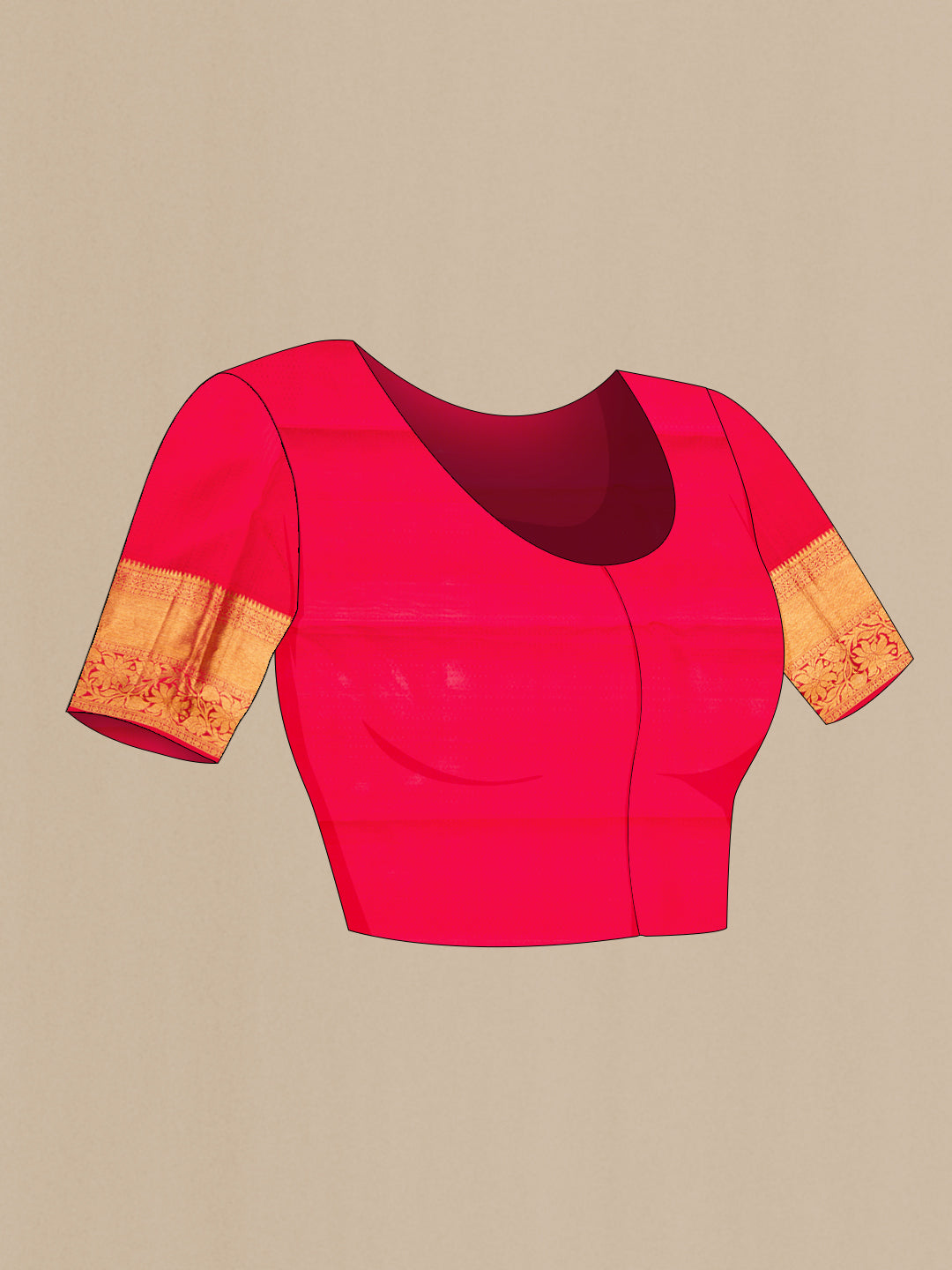 Close up image of the blouse of Red Kanchipuram Silk Saree with Zari Brocade on the body and Fancy Border. 