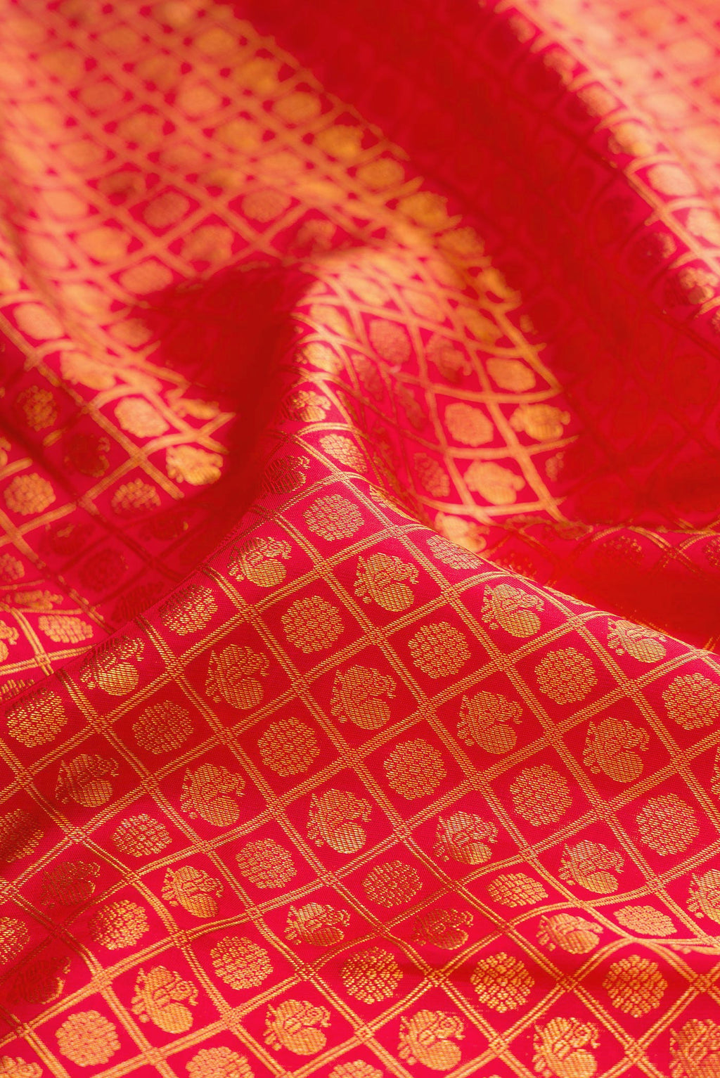 Close up of Red Kanchipuram Silk Saree with Zari Brocade on the body and Fancy Border.  displaying folds