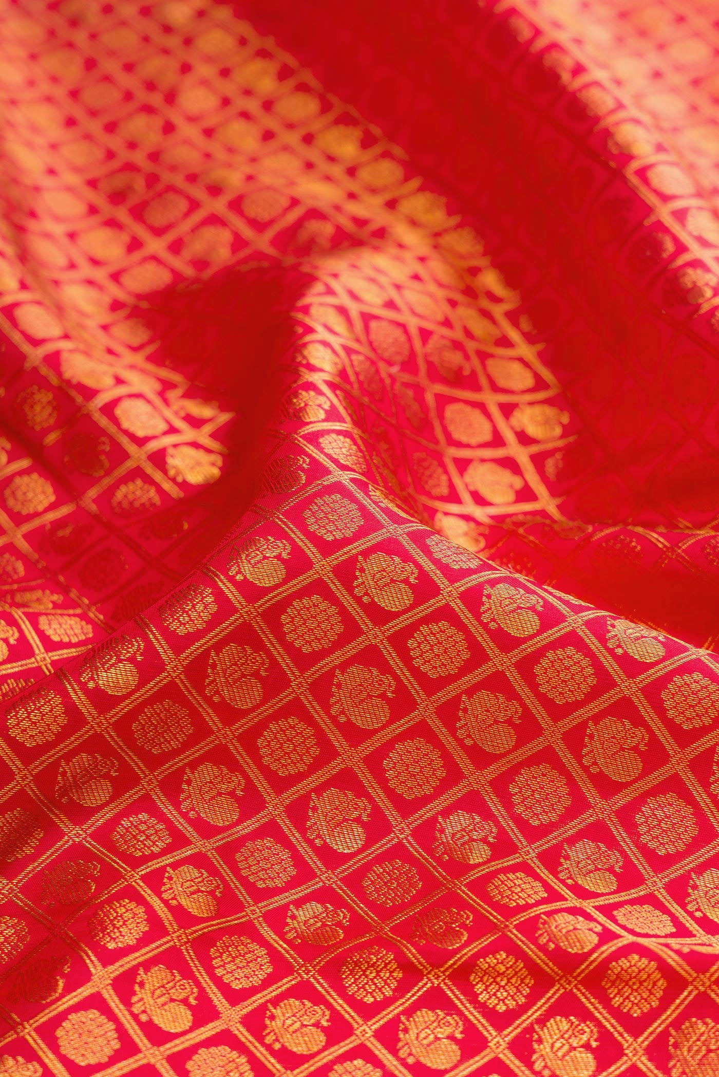 Close up of Red Kanchipuram Silk Saree with Zari Brocade on the body and Fancy Border.  displaying folds